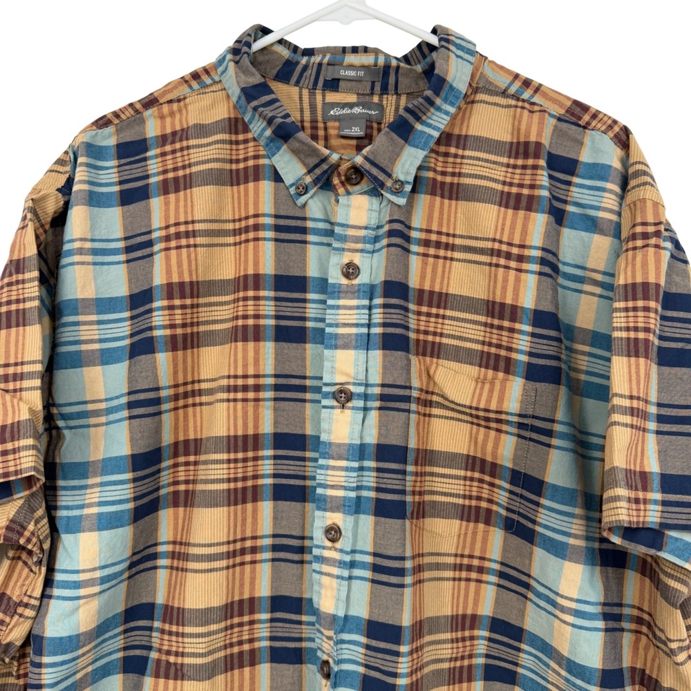 Eddie Bauer Mens 2XL Classic Fit Plaid Short Sleeve Button Down Shirt Pocket